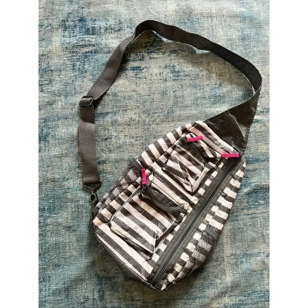 Thirty One Gray White Stripe Sling Crossbody Bag with Pink Accents